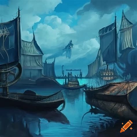 Fantasy Art Of A Floating Port With Barges On Craiyon