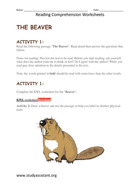 Fillable Online Jerry The Beaver Reading Comprehension Worksheet Fax