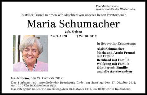 Traueranzeigen Von Maria Schuhmacher Rz Trauer De