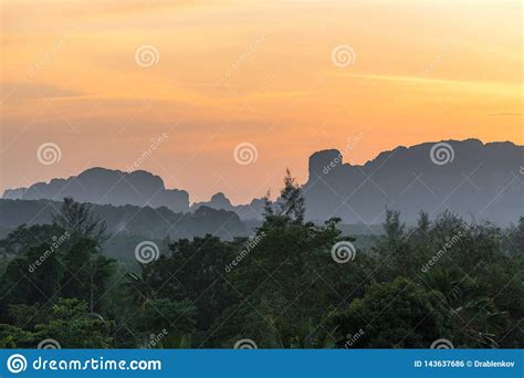 Landscape With Foggy Hazy Mountains Silhouettes And Tropical Nature On