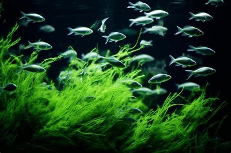 Fondo Marino Oscuro De Algas Verdes Y Hermosos Peces De Acuario