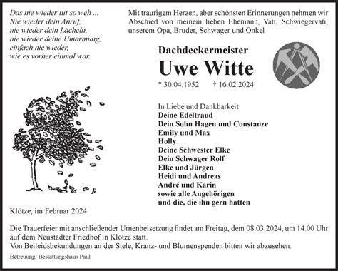 Traueranzeigen Von Uwe Witte Abschied Nehmen De