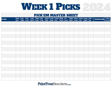 NFL Week 1 Picks Master Sheet Grid - 2024