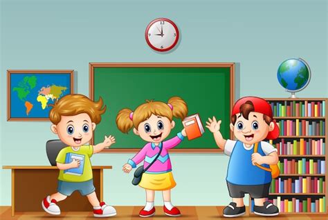 Niños felices de la escuela en un aula | Vector Premium