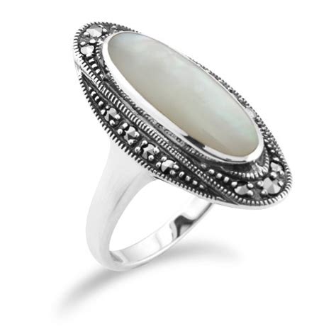 Art Deco Style Mother Of Pearl Marcasite Ring In Sterling Etsy UK