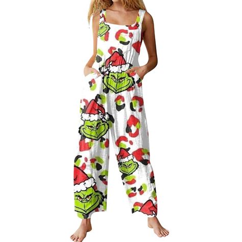 Clearance Grinch Christmas Womens Casual Overalls Jumpsuits Adjustable