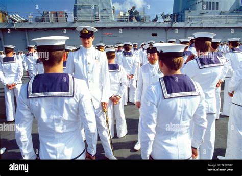 Uniformed Divisions Of Sailors On The HMS Invincible 1984 Stock Photo