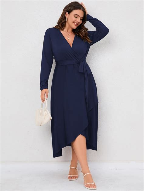 Shein Clasi Plus Overlap Collar Tulip Hem Belted Dress Shein Uk