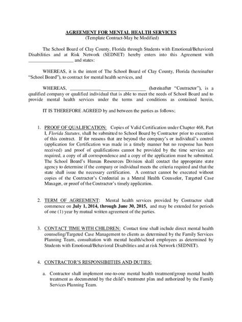 Fillable Online Agenda Oneclay Pdf Agreement For Mental Health Services