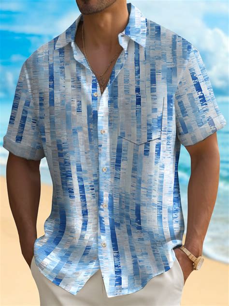 Royaura Beach Vacation Blue Men S Hawaiian Shirt Striped Geometric Art