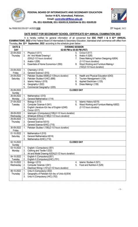 Fbise Issues Date Sheet For Ssc Part I Ii Annual Exams Incpak