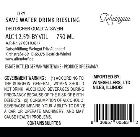 Allendorf Save Water Drink Riesling Dry Winesellers Ltd