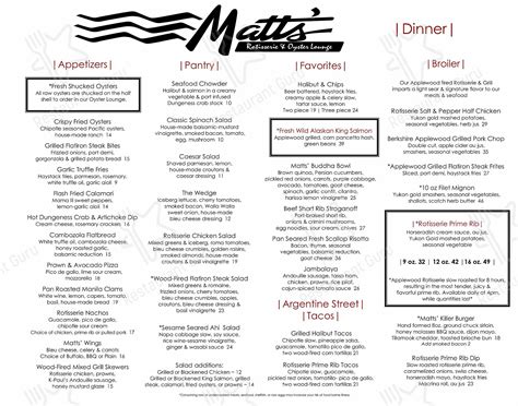 Menu at Matts' Rotisserie & Oyster Lounge pub & bar, Redmond