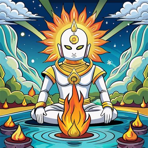 Una Pintura De Un Hombre Meditando Frente A Un Fuego Con El Sol Y Las