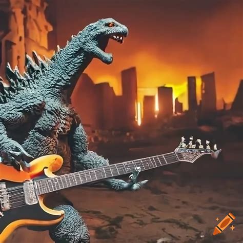 Godzilla Playing Guitar In City Ruins With Fire On Craiyon