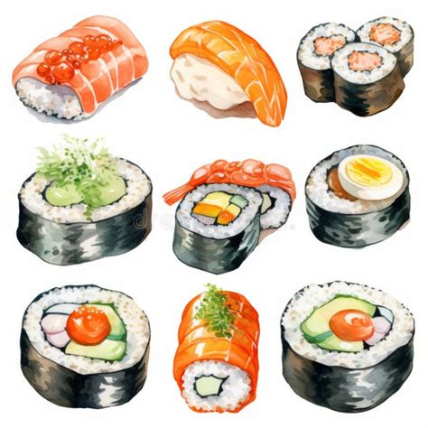 Realistic Watercolor Sketch Of Sushi Food Detailed And Intricate