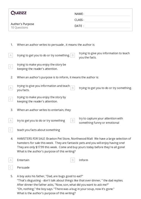 50 Identifying The Authors Purpose Worksheets On Quizizz Free
