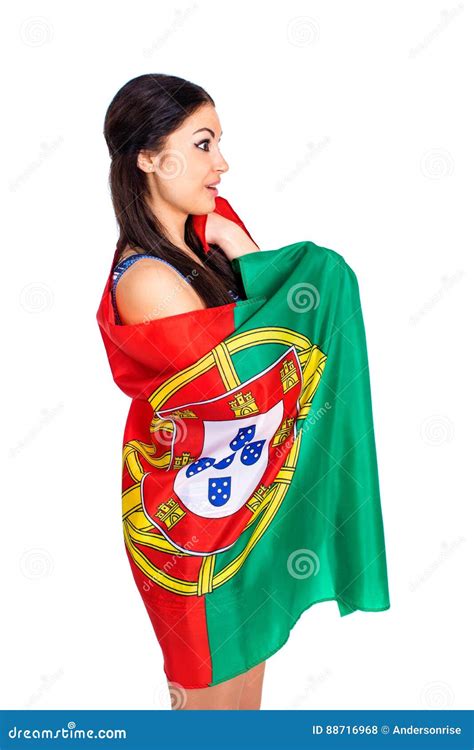 Young Woman Holding A Large Flag Of Portugal Stock Photo Image Of