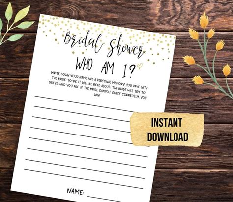 Gold Who Am I Game Printable Bridal Shower Game Wedding Etsy