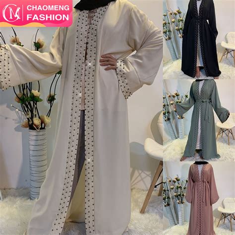 Islamic Fashion Women Pearls Kimono Robe Modest Dress Long Elegant