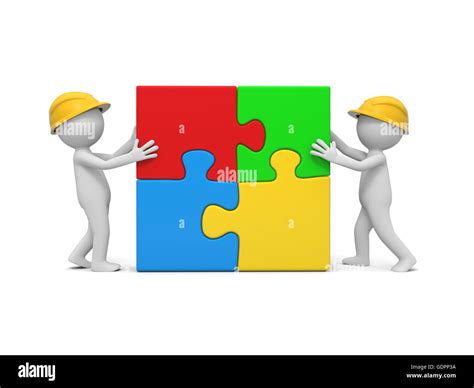 Two 3d Man Assembling 4 Puzzle Pieces Stock Photo Alamy