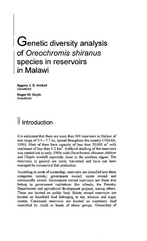 Pdf Genetic Diversity Analysis Of Oreochromis Shiranus Species In