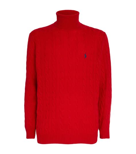 Mens Polo Ralph Lauren Red Wool Blend Cable Knit Rollneck Sweater