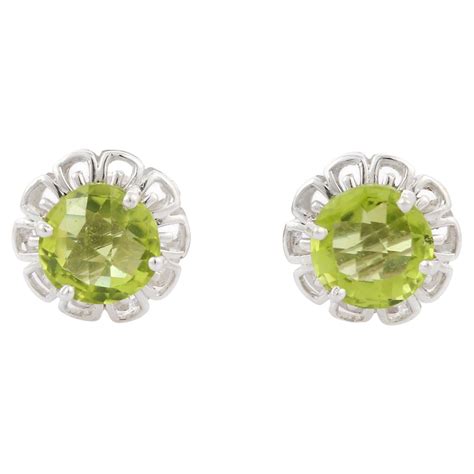 Green Oval Peridot Gemstone Stud Earrings With Diamonds In K White