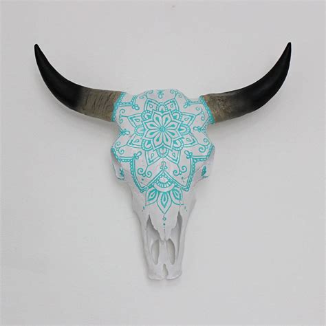 Beautiful Hand Painted Faux Cow Skull With Turquoise Teal Etsy