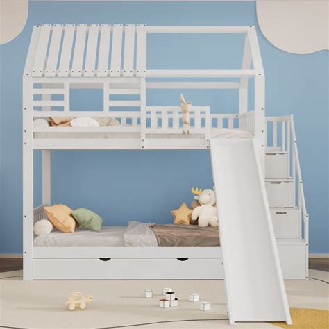 Lit enfant superposé 90x200cm avec escalier et toboggan avec barrière