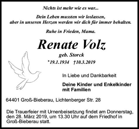 Traueranzeigen Von Renate Volz Vrm Trauer De