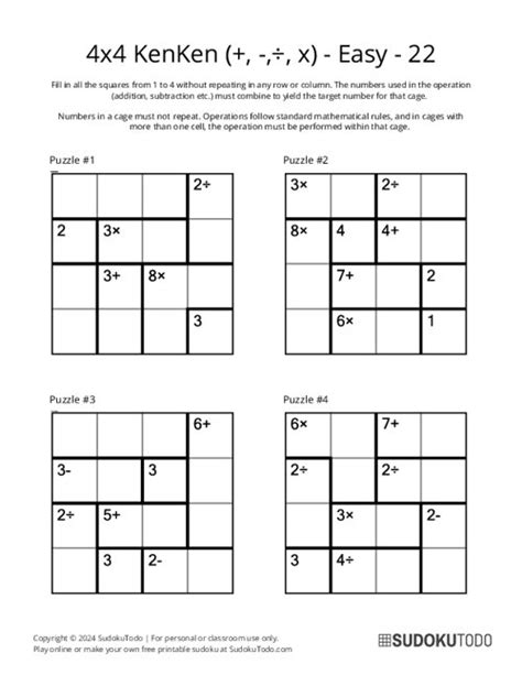 4x4 Easy Kenken Kendoku Puzzles Printable