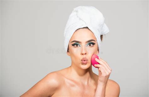 Gorgeous Young Woman With Towel On Head Face Portrait Woman Applying