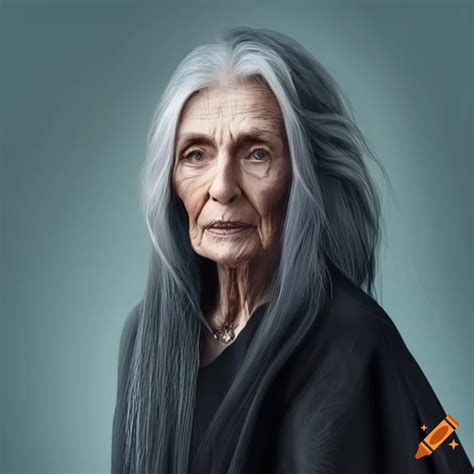 Portrait Of A Year Old Woman With Long Gray Hair In A Black Robe On