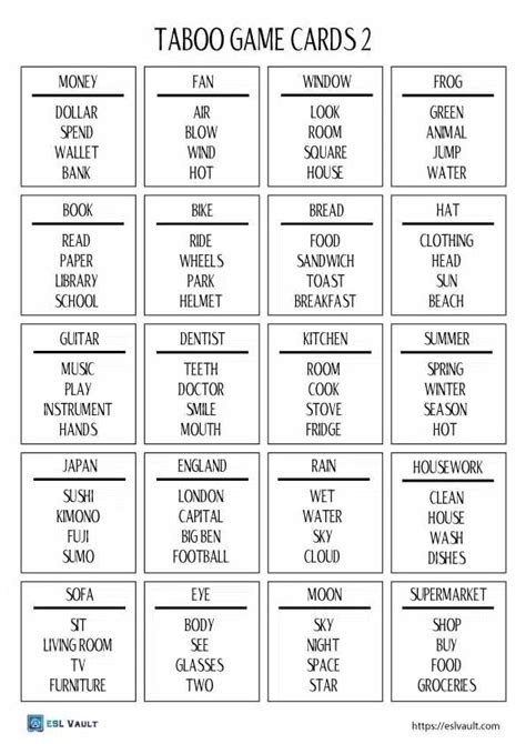 Taboo Esl Game With Free Printable Cards Esl Vault Esl Games Taboo