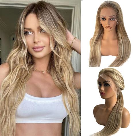 30 Inch Ombre Blonde Lace Front Wig Human Hair 13x4 Straight 60 Platinum Blonde Highlight HD