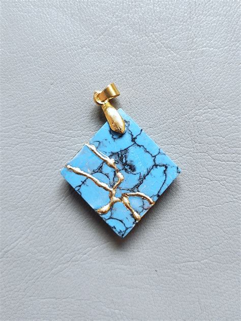 Kintsugi Kintsukuroi Turquoise Pendant Gemstone Repaired With 22k Gold