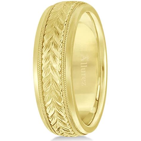 Hand Engraved Wedding Band Carved Ring 18k Yellow Gold 4.5mm - UB333