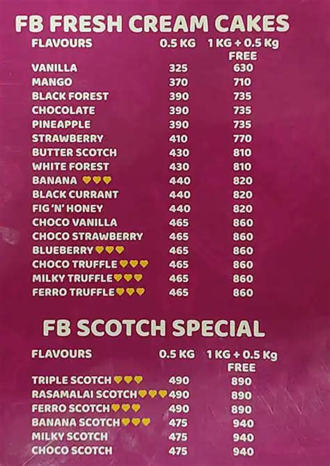 Menu Of FB Cakes Madipakkam Chennai