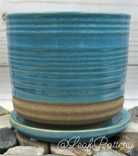 Bluish Blue Ceramic Planter Pot With Saucer Attached Planters And Pots