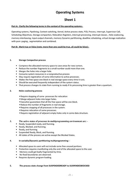 Operating Systems Sheets Operating Systems Sheet Part A Clarify