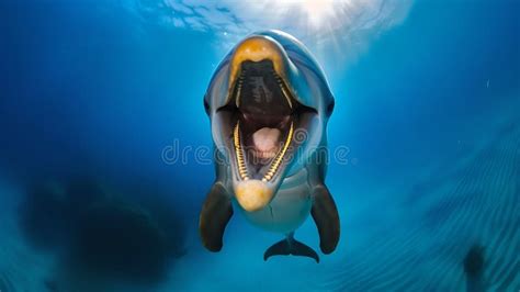 Majestic Shark Swimming In The Deep Blue Sea Close Up Front View A