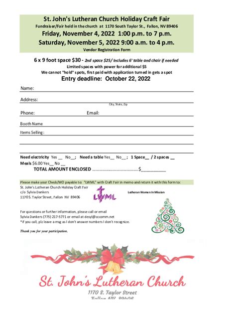 Fillable Online St Johns Lutheran Church 9 Annual Holiday Craft Fair