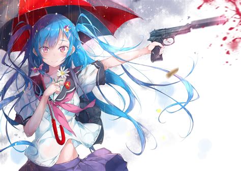 Aqua Hair Blood Blush Bow Flowers Gun Long Hair Original Pink Eyes