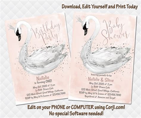 Swan Baby Shower Invitation Baby Girl Pink Ballet Birthday Invite Swan