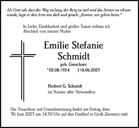 Traueranzeigen Von Emilie Stefanie Schmidt Vrm Trauer De