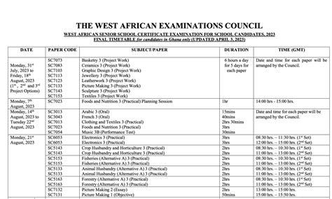 Wassce 2023 Timetable For School Candidates Now Out Download Here