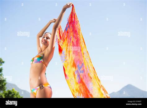 Beautiful Brunette In Bikini Holding Sarong Up Stock Photo Alamy