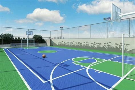 A 3d Rendering Of A Basketball Court With Blue And Green Tiles On The