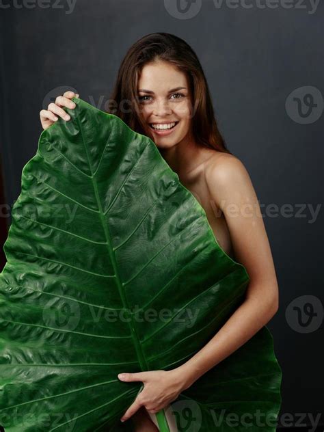 Smiling Woman Nude Body Palm Leaf Dark Background Stock Photo